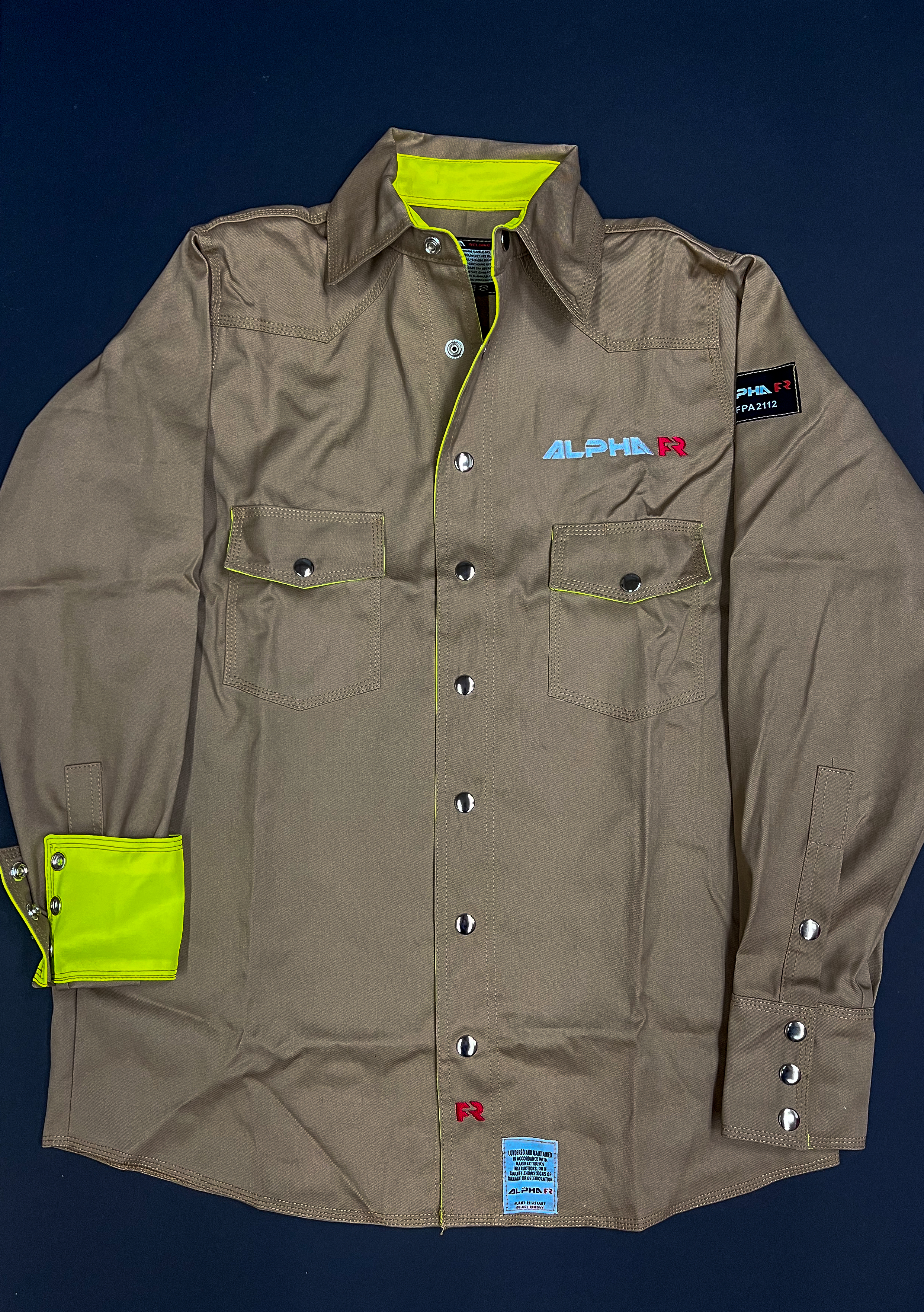 High-Strength Fire-Resistant Welding Shirt - Khaki/Lime
